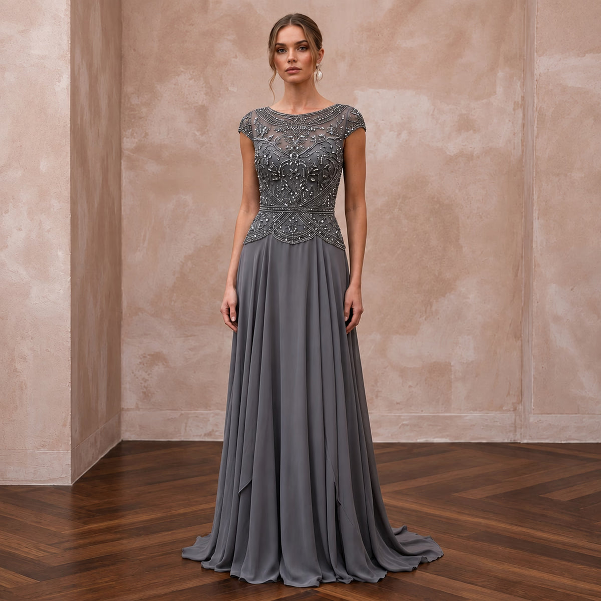 Modest Charcoal Grey Beaded Bodice Chiffon Skirt Formal Dress Main image