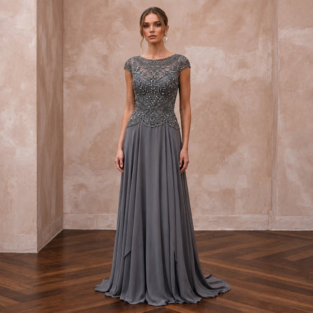 Modest Charcoal Grey Beaded Bodice Chiffon Skirt Formal Dress