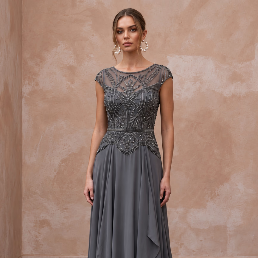 Modest Charcoal Grey Beaded Bodice Chiffon Skirt Formal Dress