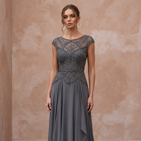 Modest Charcoal Grey Beaded Bodice Chiffon Skirt Formal Dress