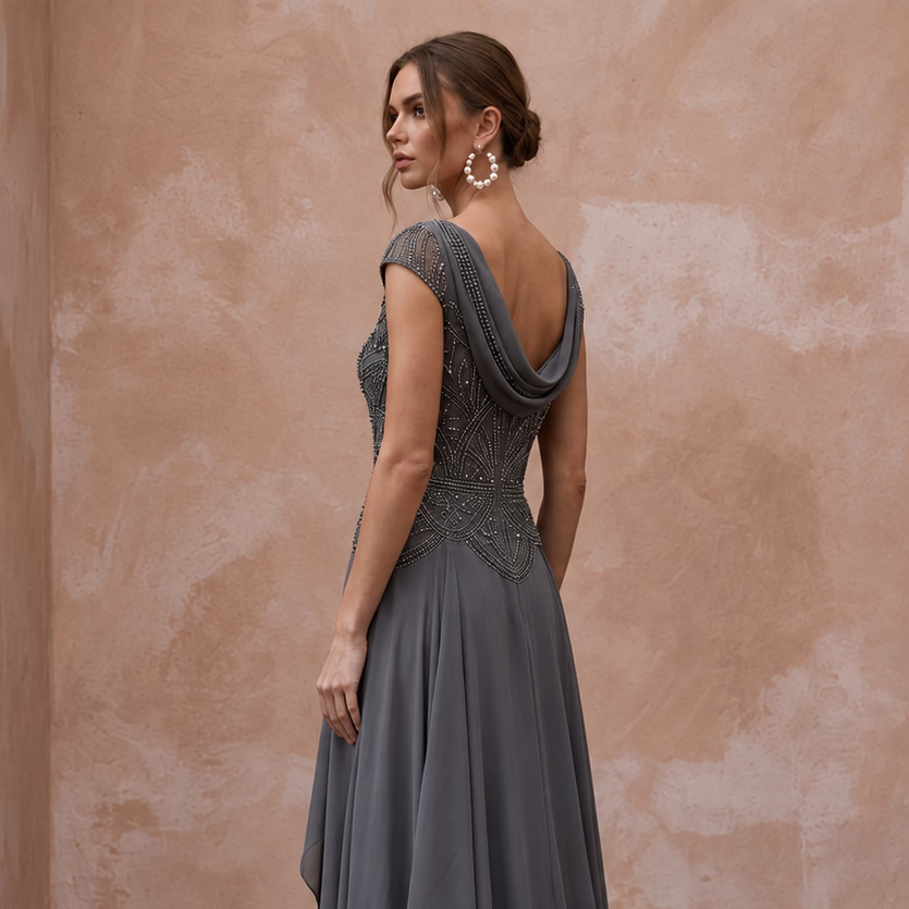 Modest Charcoal Grey Beaded Bodice Chiffon Skirt Formal Dress