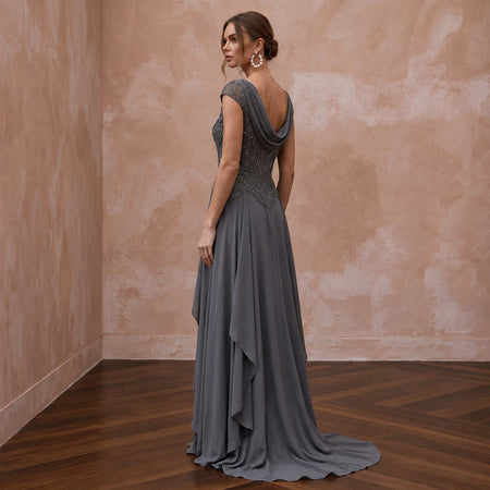 Modest Charcoal Grey Beaded Bodice Chiffon Skirt Formal Dress