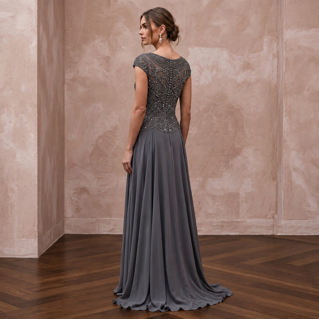 Modest Charcoal Grey Beaded Bodice Chiffon Skirt Formal Dress