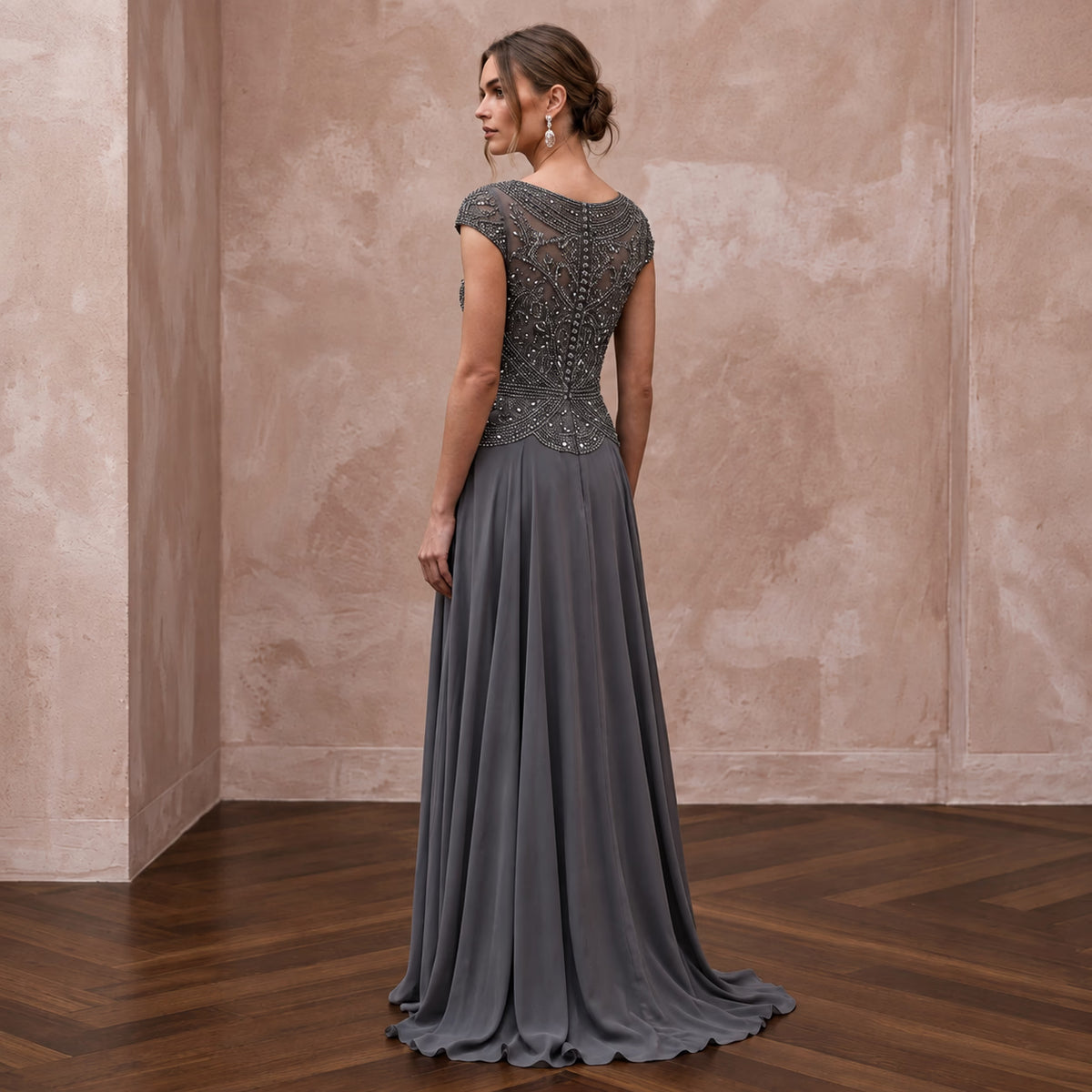 Modest Charcoal Grey Beaded Bodice Chiffon Skirt Formal Dress