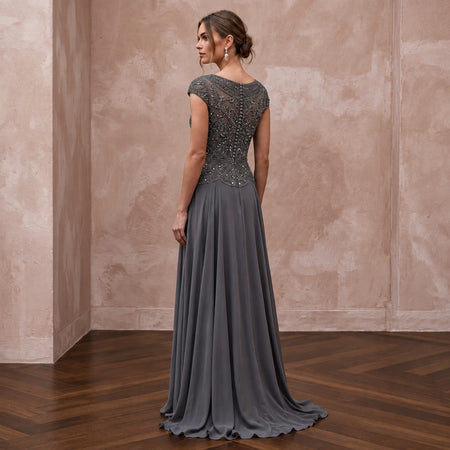 Modest Charcoal Grey Beaded Bodice Chiffon Skirt Formal Dress