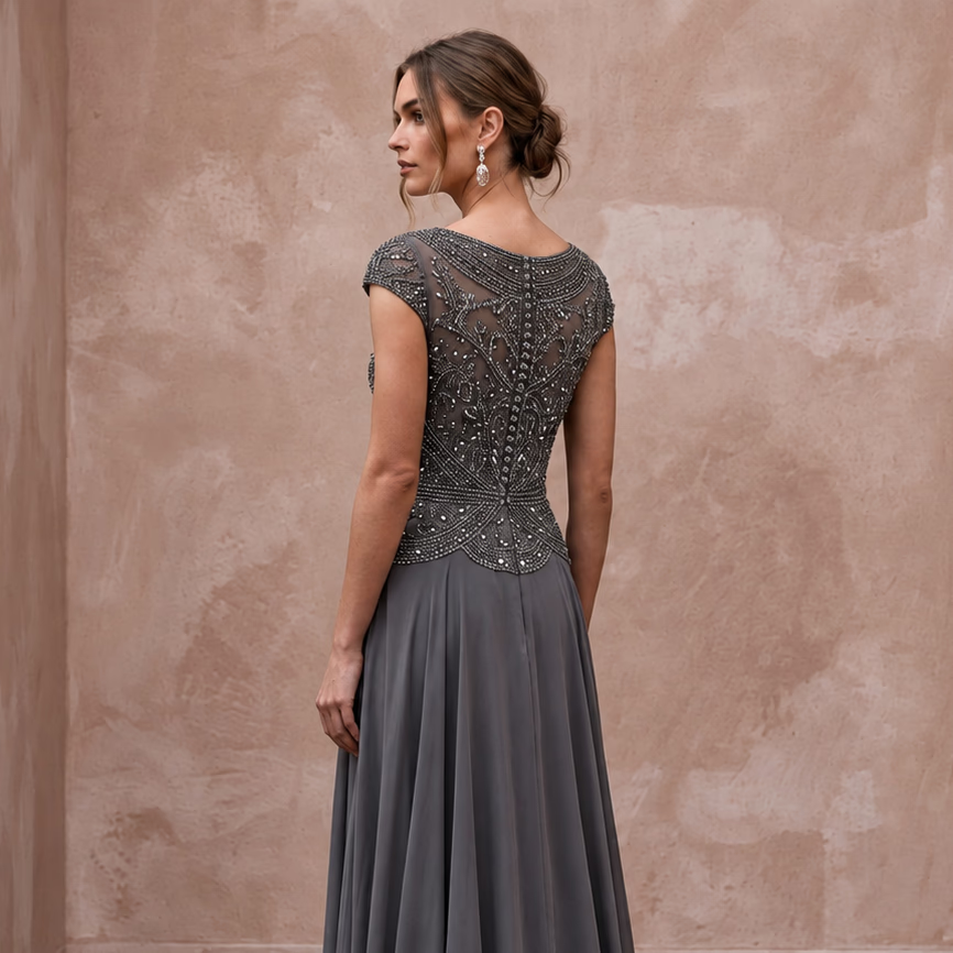 Modest Charcoal Grey Beaded Bodice Chiffon Skirt Formal Dress