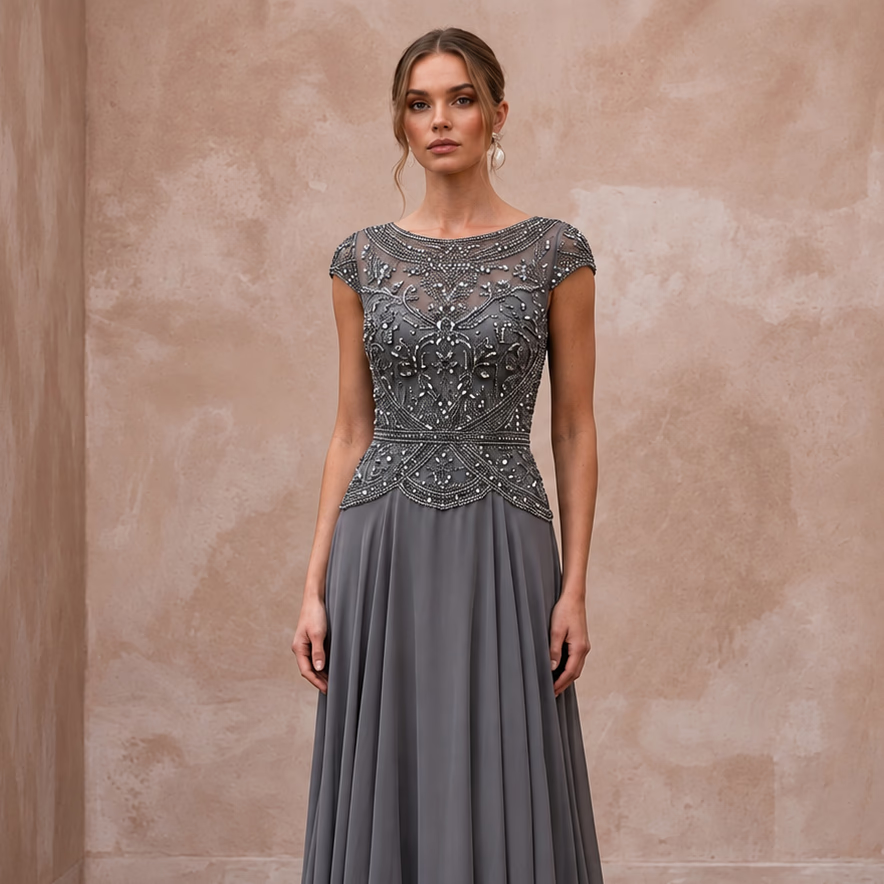 Modest Charcoal Grey Beaded Bodice Chiffon Skirt Formal Dress