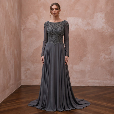 Modest Charcoal Grey Beaded Bodice Chiffon Skirt Formal Gown