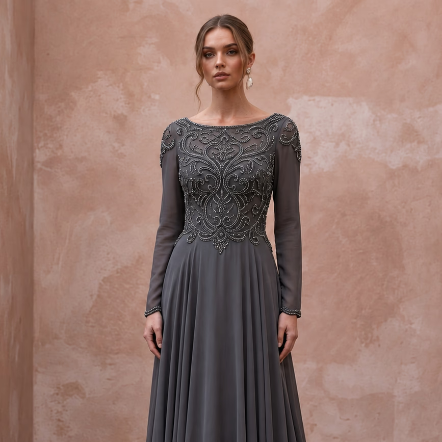 Modest Charcoal Grey Beaded Bodice Chiffon Skirt Formal Gown