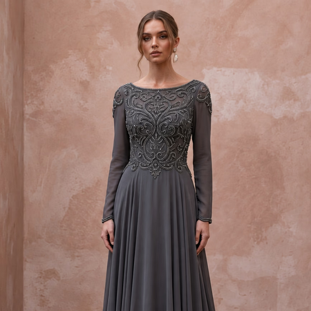 Modest Charcoal Grey Beaded Bodice Chiffon Skirt Formal Gown