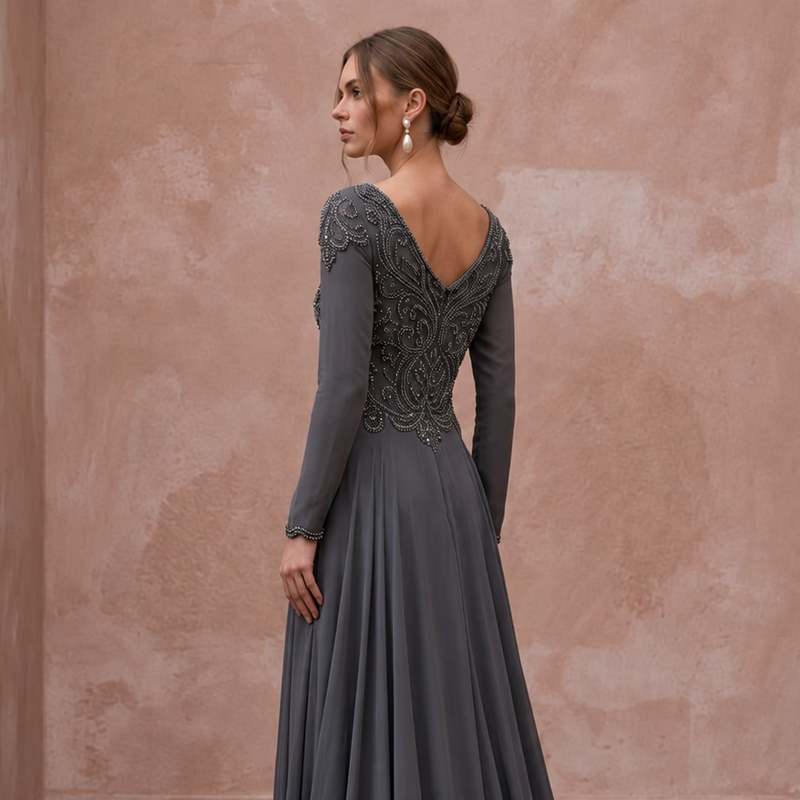 Modest Charcoal Grey Beaded Bodice Chiffon Skirt Formal Gown