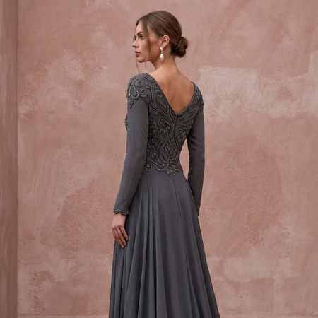 Modest Charcoal Grey Beaded Bodice Chiffon Skirt Formal Gown