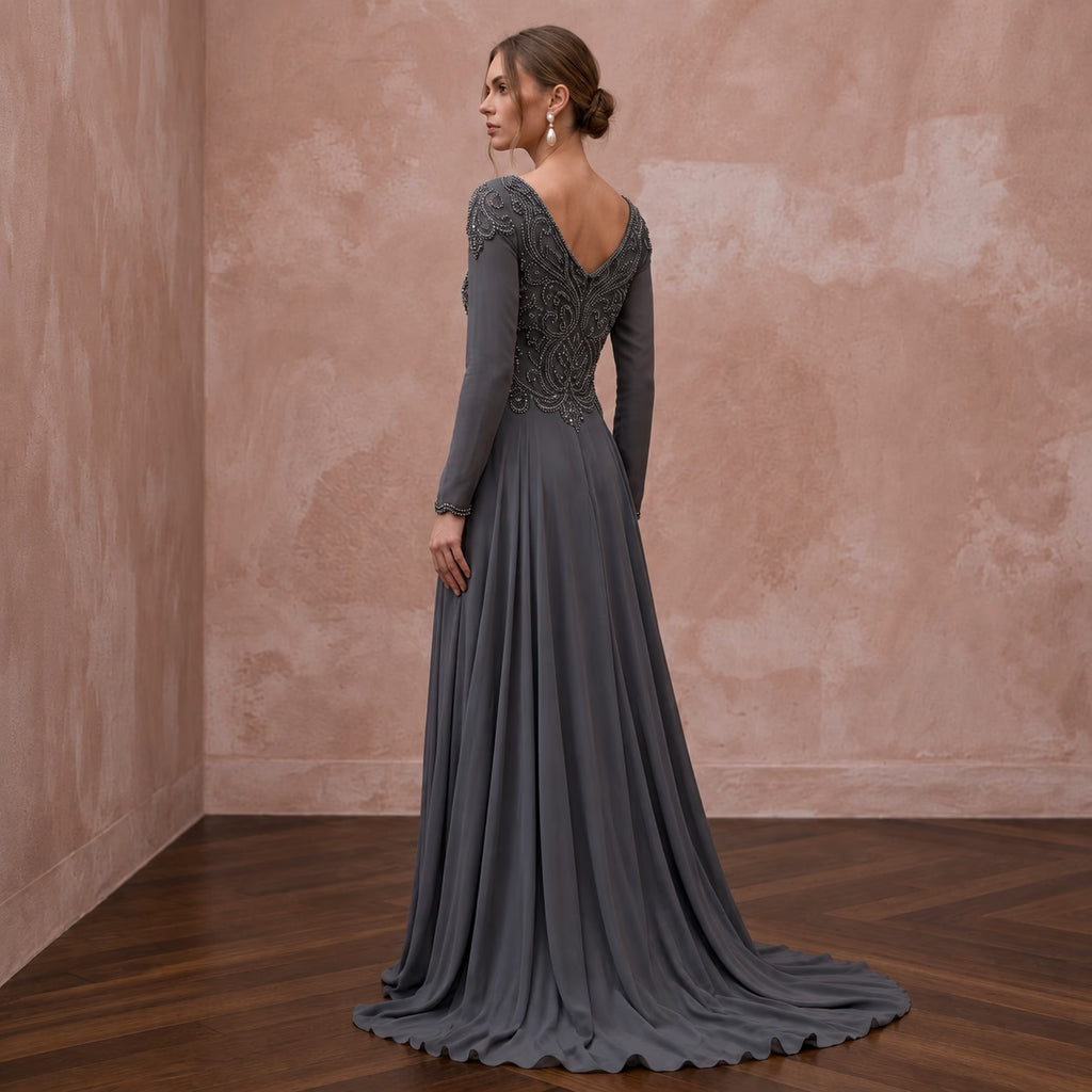 Modest Charcoal Grey Beaded Bodice Chiffon Skirt Formal Gown