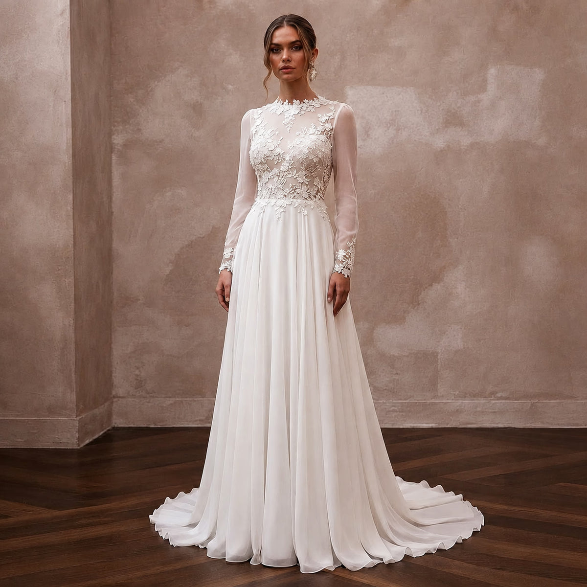 Modest Chiffon A - Line Wedding Dress with Long Sleeves - Apparel & Accessories > Clothing > Wedding & Bridal Party Dresses > Wedding Dresses - Mignonette Bridal