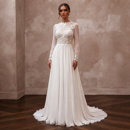 Modest Chiffon A - Line Wedding Dress with Long Sleeves - Apparel & Accessories > Clothing > Wedding & Bridal Party Dresses > Wedding Dresses - Mignonette Bridal