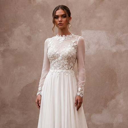 Modest Chiffon A - Line Wedding Dress with Long Sleeves - Apparel & Accessories > Clothing > Wedding & Bridal Party Dresses > Wedding Dresses - Mignonette Bridal