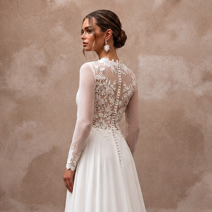Modest Chiffon A - Line Wedding Dress with Long Sleeves - Apparel & Accessories > Clothing > Wedding & Bridal Party Dresses > Wedding Dresses - Mignonette Bridal