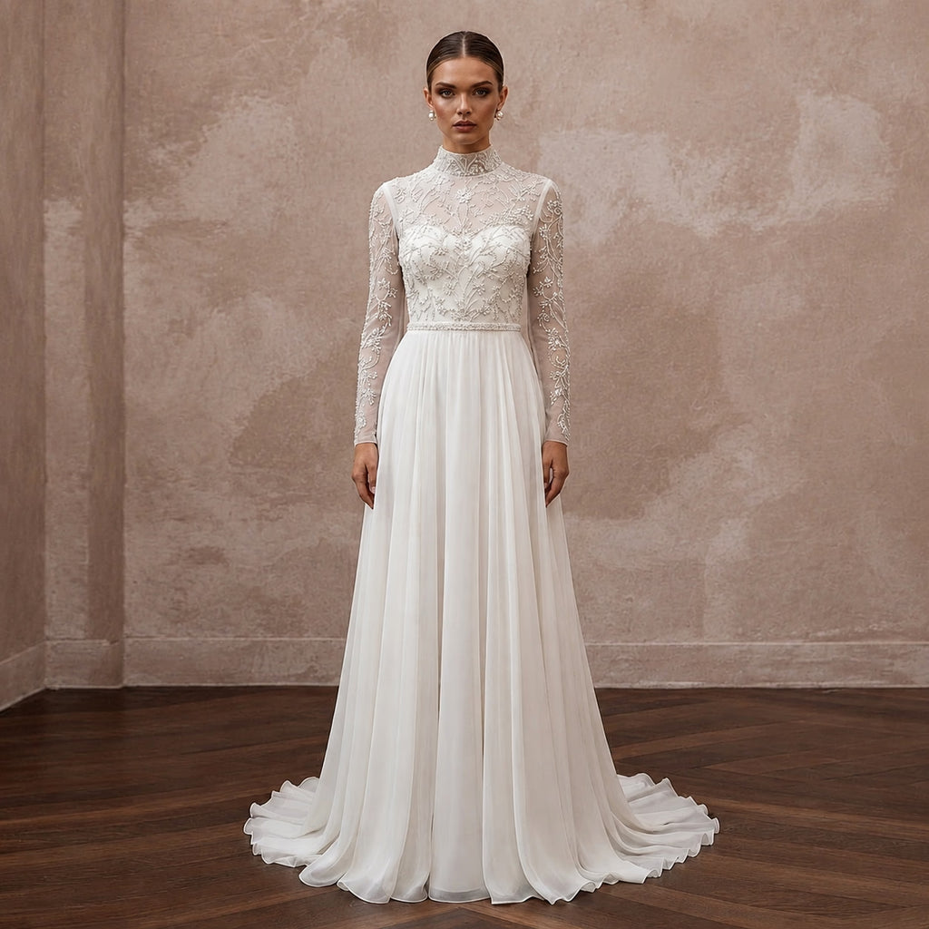 Modest Chiffon Wedding Dress with High Neck and Long Sleeves