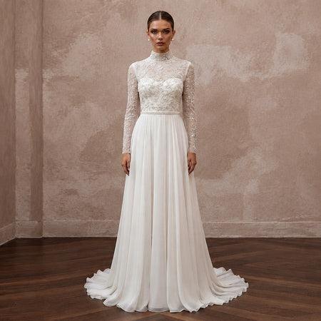 Modest Chiffon Wedding Dress with High Neck and Long Sleeves