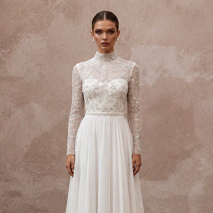Modest Chiffon Wedding Dress with High Neck and Long Sleeves