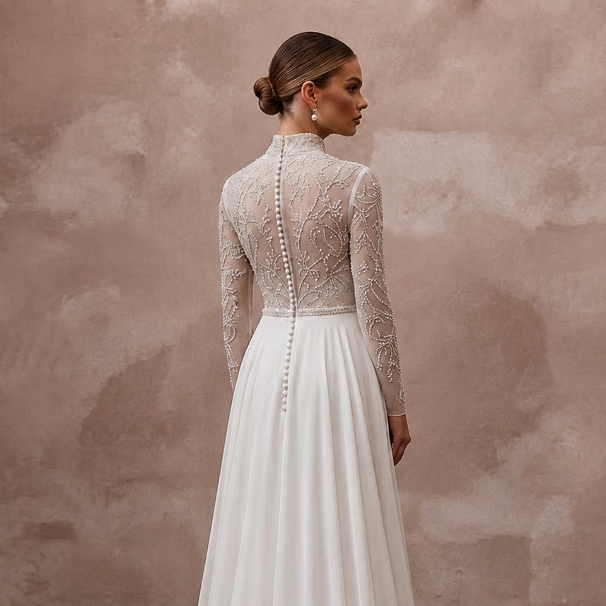 Modest Chiffon Wedding Dress with High Neck and Long Sleeves
