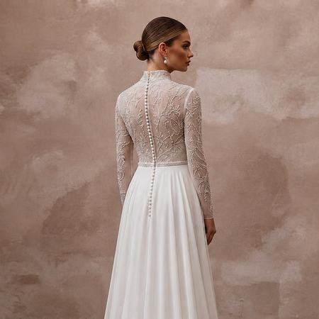 Modest Chiffon Wedding Dress with High Neck and Long Sleeves