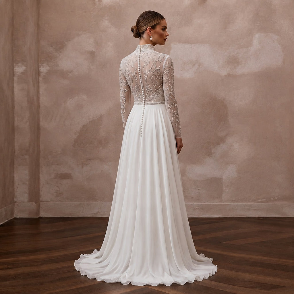 Modest Chiffon Wedding Dress with High Neck and Long Sleeves