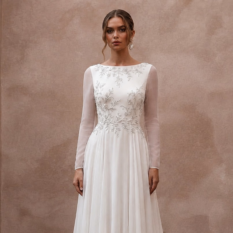 Modest Chiffon Wedding Dress with Long Sleeves and A - Line Silhouette - Apparel & Accessories > Clothing > Wedding & Bridal Party Dresses > Wedding Dresses - Mignonette Bridal
