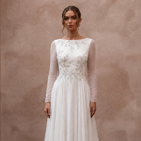 Modest Chiffon Wedding Dress with Long Sleeves and A - Line Silhouette - Apparel & Accessories > Clothing > Wedding & Bridal Party Dresses > Wedding Dresses - Mignonette Bridal