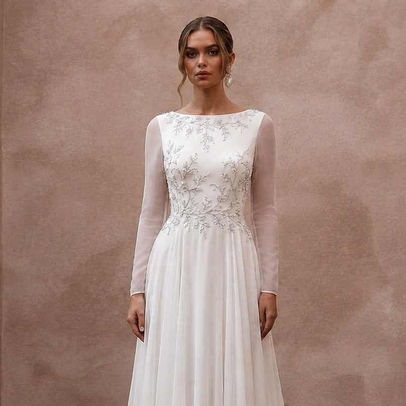 Modest Chiffon Wedding Dress with Long Sleeves and A - Line Silhouette - Apparel & Accessories > Clothing > Wedding & Bridal Party Dresses > Wedding Dresses - Mignonette Bridal