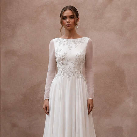 Modest Chiffon Wedding Dress with Long Sleeves and A - Line Silhouette - Apparel & Accessories > Clothing > Wedding & Bridal Party Dresses > Wedding Dresses - Mignonette Bridal