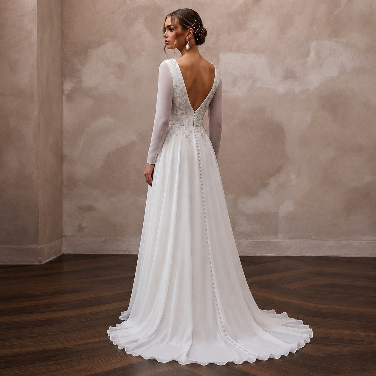 Modest Chiffon Wedding Dress with Long Sleeves and A - Line Silhouette - Apparel & Accessories > Clothing > Wedding & Bridal Party Dresses > Wedding Dresses - Mignonette Bridal