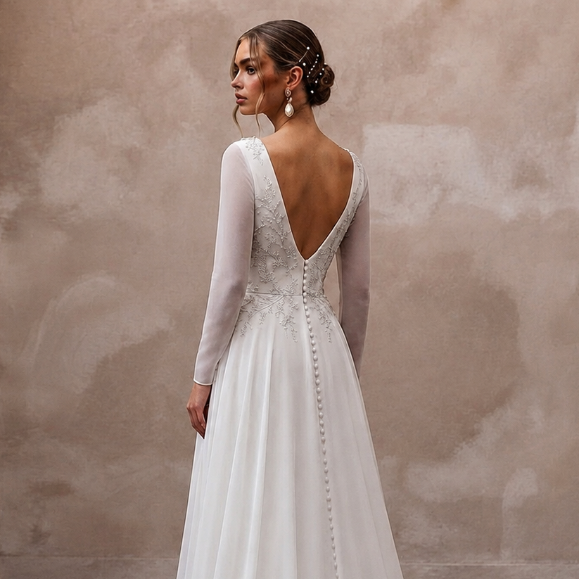 Modest Chiffon Wedding Dress with Long Sleeves and A - Line Silhouette - Apparel & Accessories > Clothing > Wedding & Bridal Party Dresses > Wedding Dresses - Mignonette Bridal