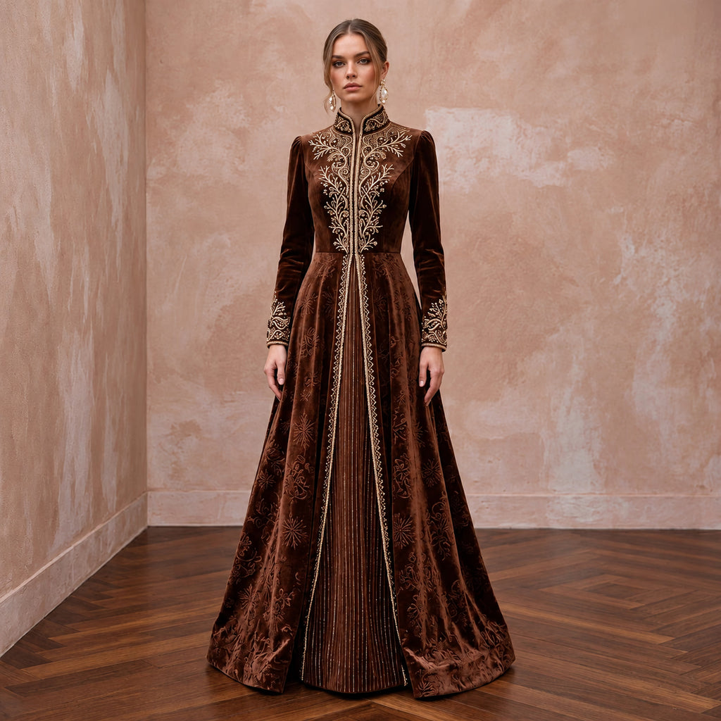 Modest Chocolate Brown Velvet High Neck A-Line Winter Evening Gown