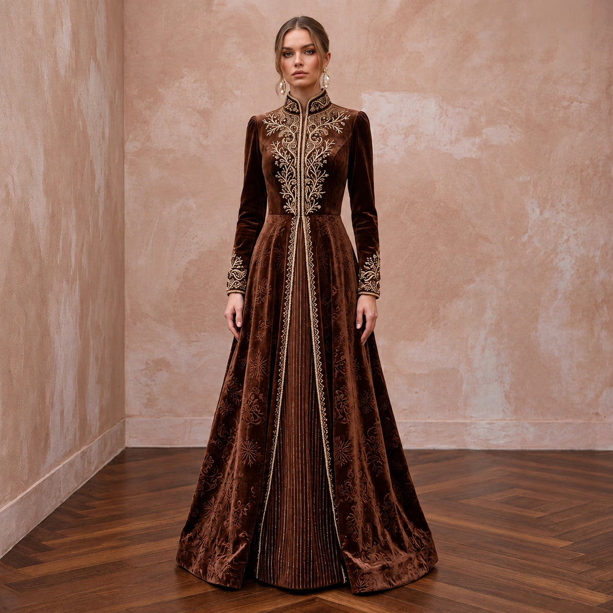 Modest Chocolate Brown Velvet High Neck A-Line Winter Evening Gown