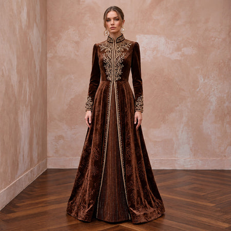 Modest Chocolate Brown Velvet High Neck A-Line Winter Evening Gown