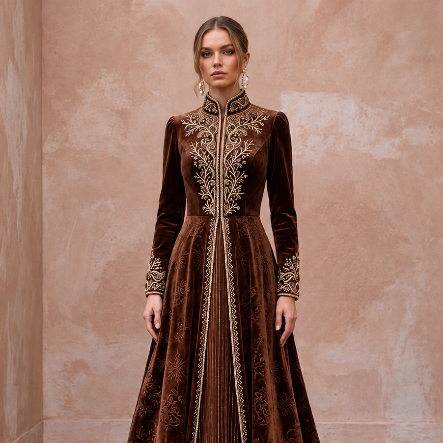 Modest Chocolate Brown Velvet High Neck A-Line Winter Evening Gown