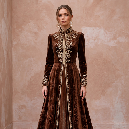 Modest Chocolate Brown Velvet High Neck A-Line Winter Evening Gown