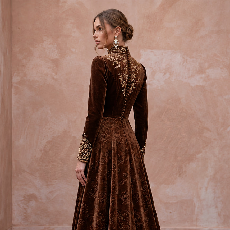 Modest Chocolate Brown Velvet High Neck A-Line Winter Evening Gown