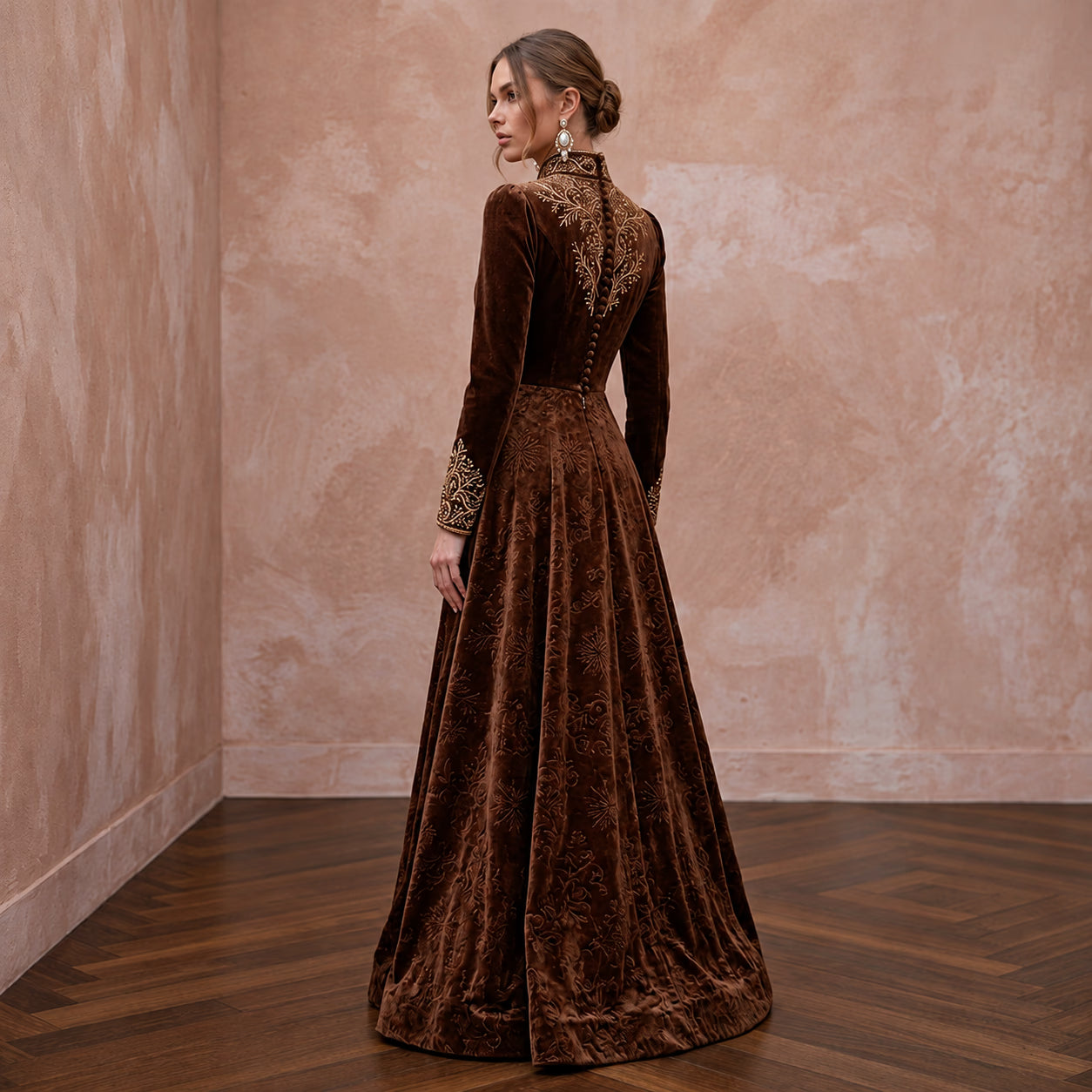 Modest Chocolate Brown Velvet High Neck A-Line Winter Evening Gown Secondary image