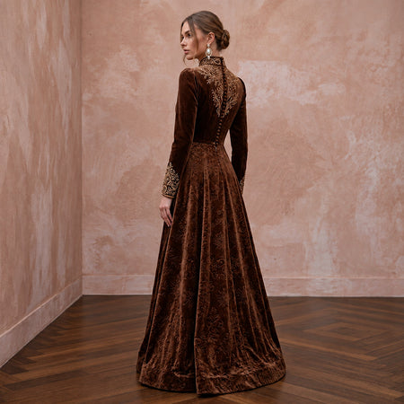 Modest Chocolate Brown Velvet High Neck A-Line Winter Evening Gown