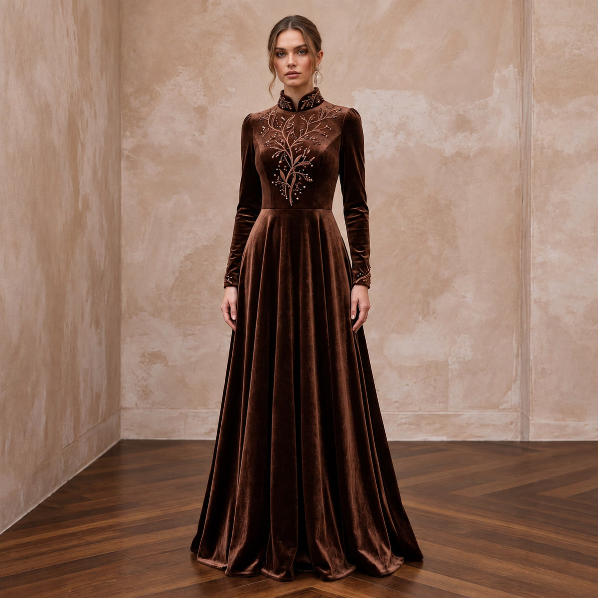 Modest Chocolate Brown Velvet High Neck A-Line Winter Gown Main image