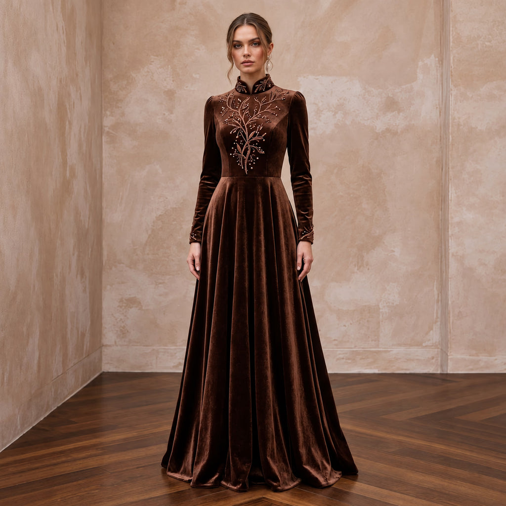 Modest Chocolate Brown Velvet High Neck A-Line Winter Gown