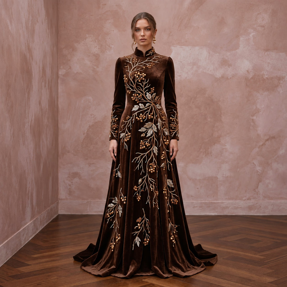 Modest Chocolate Brown Velvet High Neck A-Line Winter Gown