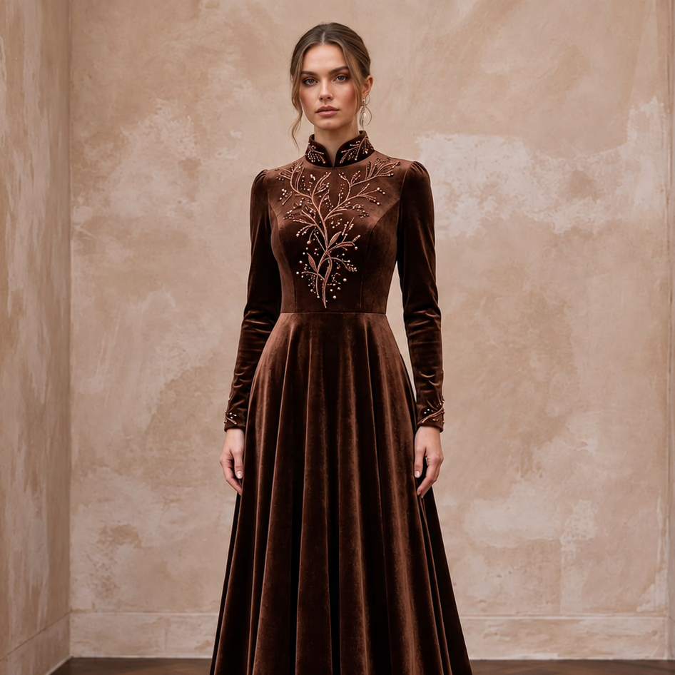 Modest Chocolate Brown Velvet High Neck A-Line Winter Gown