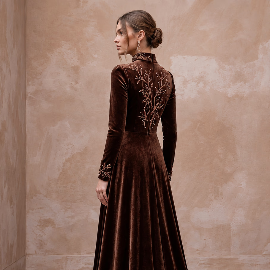 Modest Chocolate Brown Velvet High Neck A-Line Winter Gown