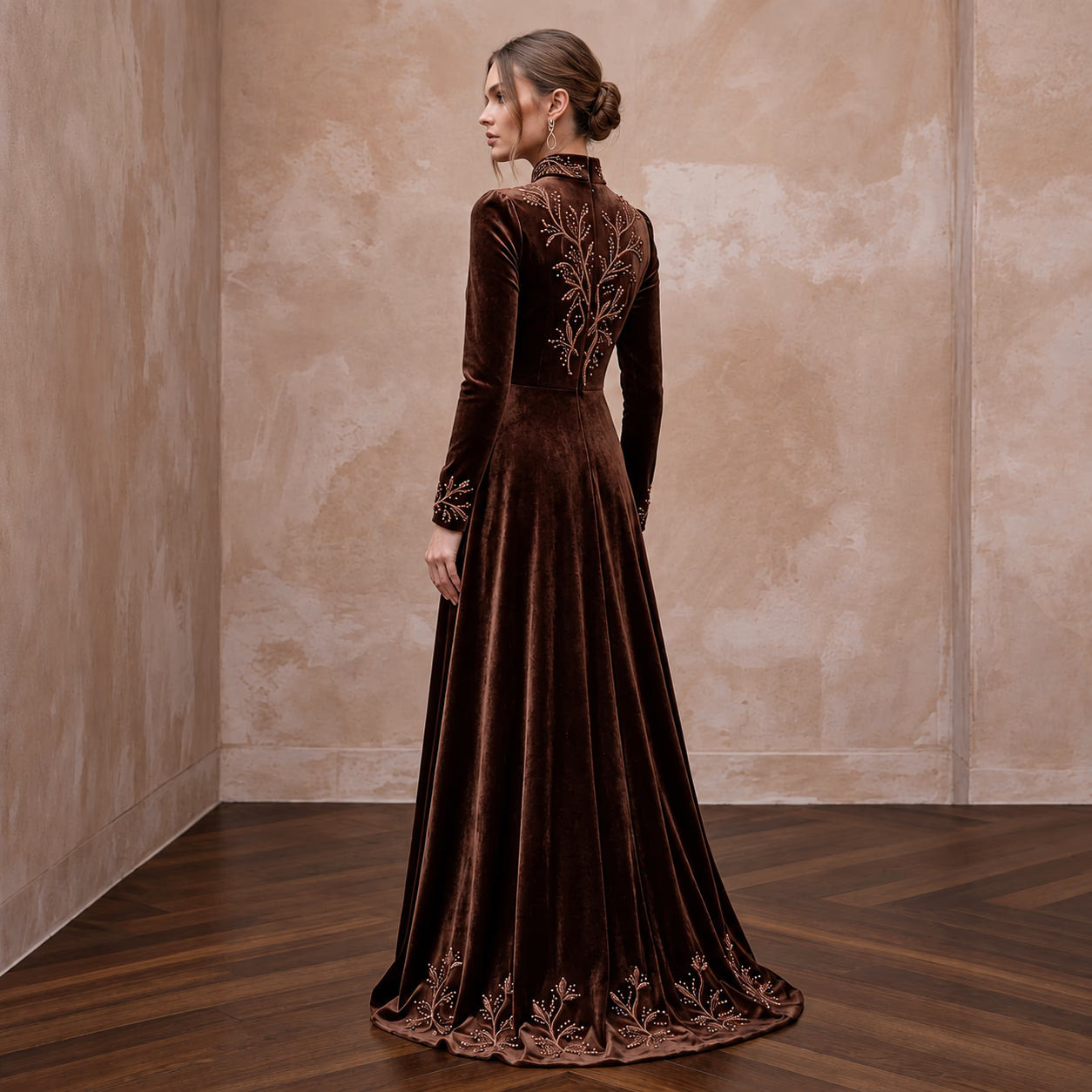 Modest Chocolate Brown Velvet High Neck A-Line Winter Gown Secondary image