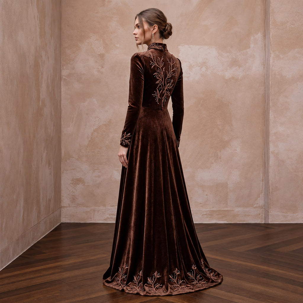 Modest Chocolate Brown Velvet High Neck A-Line Winter Gown