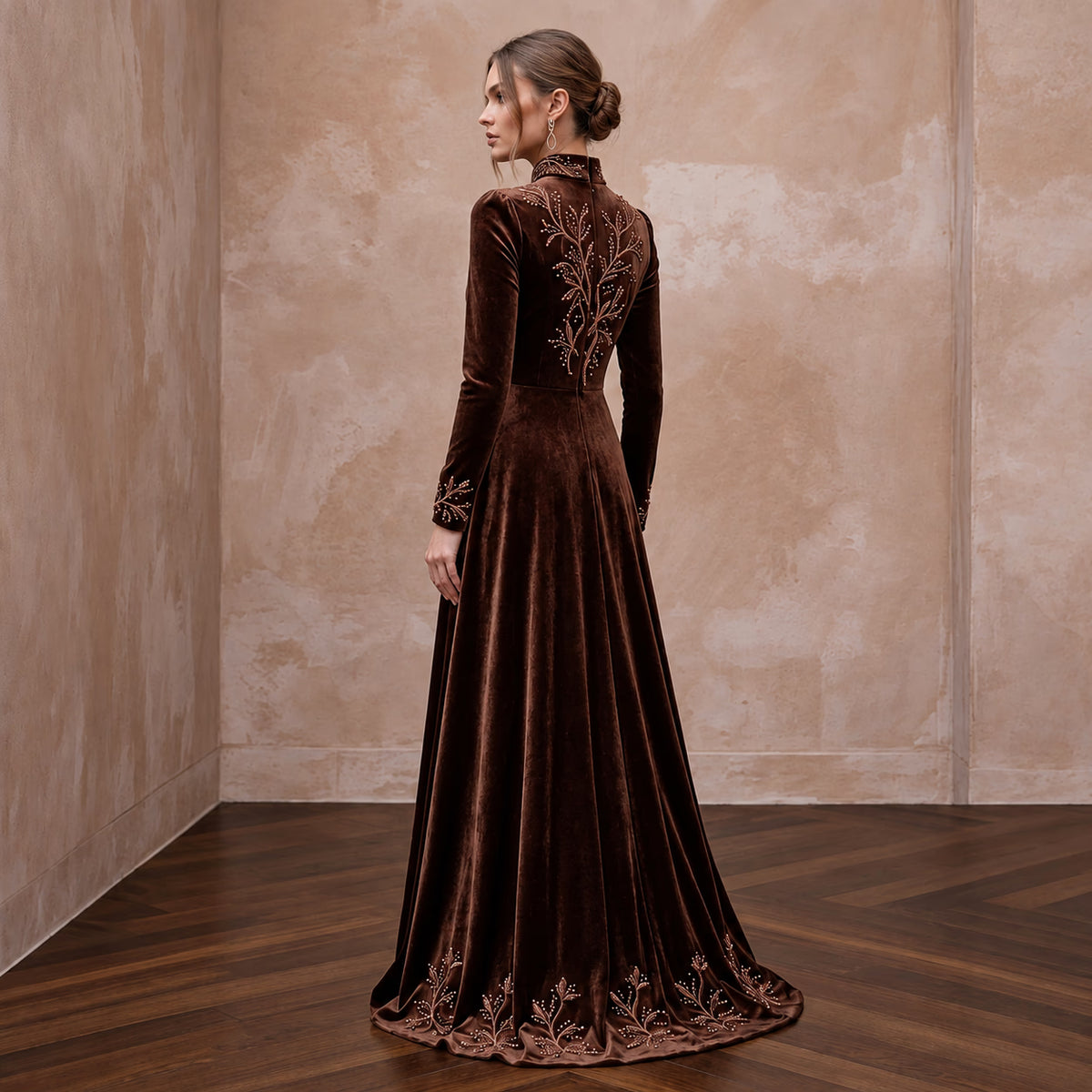 Modest Chocolate Brown Velvet High Neck A-Line Winter Gown