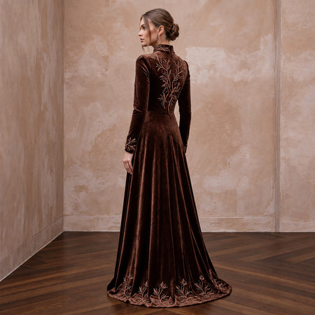 Modest Chocolate Brown Velvet High Neck A-Line Winter Gown
